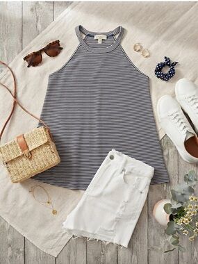 Copper Key Ombre grey/ blue and White Striped Halter Swing Tank Top